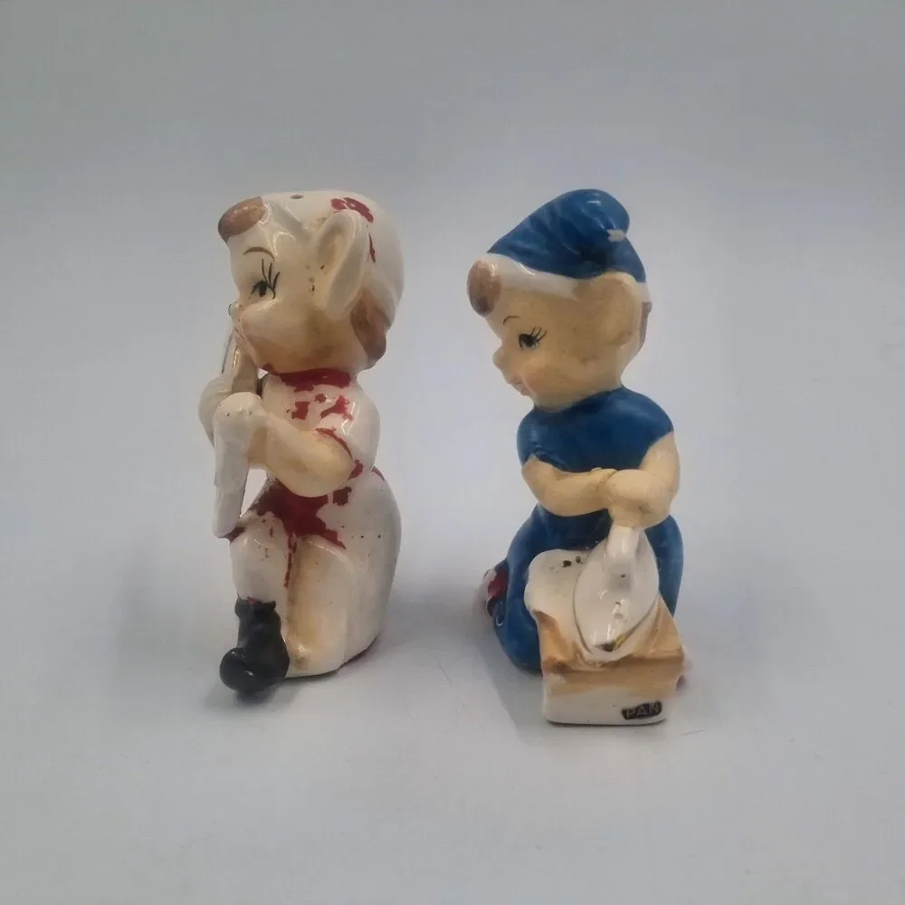 Vintage Sewing Pixie Elf Salt Pepper Shaker Set Ceramic MCM Ironing Scissors